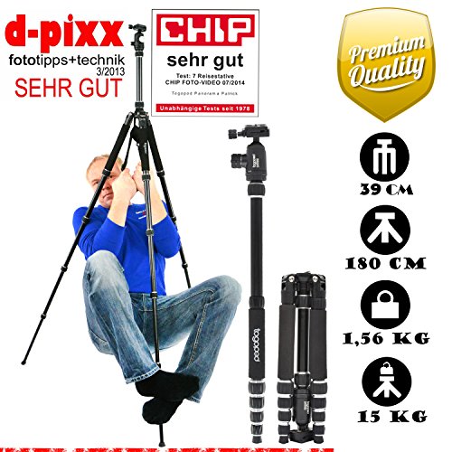 FOTOSTATIV togopod PATRICK. Reise,- Kamera,- und Dreibeinstativ aus Aluminium -- inklusiv 360 Kugelkopf + Tasche + Schnellwechselplatte. ( Packma: 39cm, Maxihhe: 180cm Minihhe: 18cm Tragkraft: 15kg und Gewicht: 1690g )