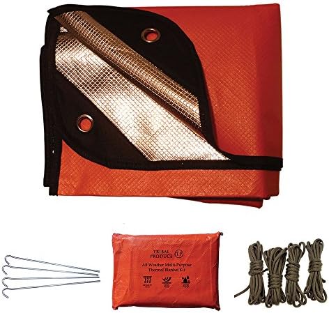 Multi-Purpose Reusable Emergency Thermal Blanket Kit - Large Aluminium Reflective Blanket, 4 Steel Pegs, 4 Lengths of Paracord and a Ziplock Waterproof Pouch - Ideal for Camping, Picnics or Car Boot