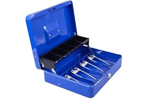 igadgitz home U7264 Metal Cash Box with Keys, Cantilever Coin Tray and Spring-loaded clips, Petty Cash Tin, Money Tin - Blue