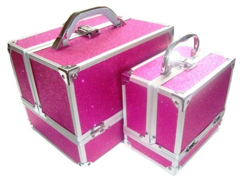 Sparkly Hot Pink 2 Piece Beauty Makeup Vanity Case Box Hair Nails Jewellery