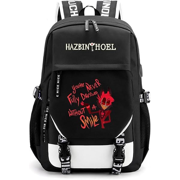 LKY STAR Anime Hazbin Hotel Merch Uomo Donna Zaini Casual con Ciondolo in Peluche Anime Angel Dust/Charlie/Lucifer Borsa Backpack per Studenti