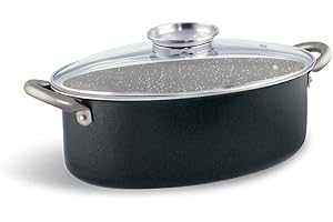 Pensofal, Casseruola Ovale, Serie BioStone®, Coperchio Dosaroma, Alluminio con rivestimento antiaderente, 32x21 cm, 5L, Maniglie in acciaio inox, Adatta All'induzione, Effetto Pietra, Nero