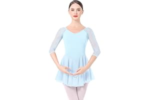 IMEKIS Women Ballet Dress 3/4 Sleeve Gymnastic Leotard Dance Bodysuit with Chiffon Skirt Ballerina Dancewear Blue S