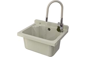 Ausgussbecken mit Mischbatterie und Platz für Seifenspender Garage Keller Werkstatt und Waschküche - Universal Waschtrog mit Siphon - Waschbecken Wandmontage - 42x34x24 cm - Beige - Granitan