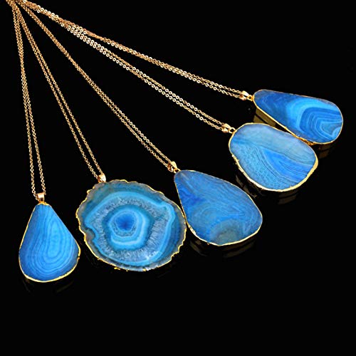 Preisvergleich Produktbild Achat Scheibe Halskette Anhänger mit Goldkette natürlichen Kristall Quarz Edelstein Heilstein Reiki Schutz Amulett für Frauen Valentinstag Geschenk - blau