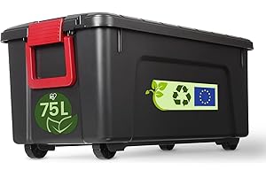 Iris Ohyama, Caja de almacenaje grande de plástico, 75L, Caja de garaje, Negra, Apilable, Cierres a presión robustos con asas, SIA-75