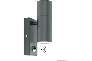 Kerry Outdoor Wall Lights, Up and Down Lamp with Motion Sensor, IP44 Anthracite Grey Stainless Steel Outside Lighting Mains Powered Fixtures, PIR Detector Exterior Sconce