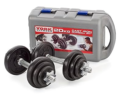 York Fitness Jeu d'halteres en fonte de 20 kg avec valise, noir/argent