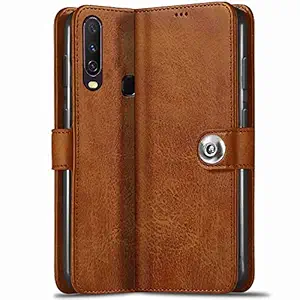 TheGiftKart Vivo Y12 / Y15 / Y17 / U10 Flip Cover Back Case | Genuine Leather Finish | Designer Button | Inbuilt Pockets & Stand | Flip Cover for Vivo Y12 / Y15 / Y17 / U10 (Brown)