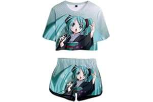 WANHONGYUE Anime Vocaloid Hatsune Miku Impreso en 3D Camiseta y Pantalone Cortos 2 Piezas Conjunto Niñas Mujer Crop Top T-Shirt y Shorts Set