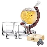 AMAVEL Whiskyset – Karaffe Globus – Vier Whiskygläser – Whiskysteine in Holzbox mit Gravur – Kompass – Personalisiert mit Namen und Datum – Whiskey Dekanter luftdichter Verschluss – Männergeschenke