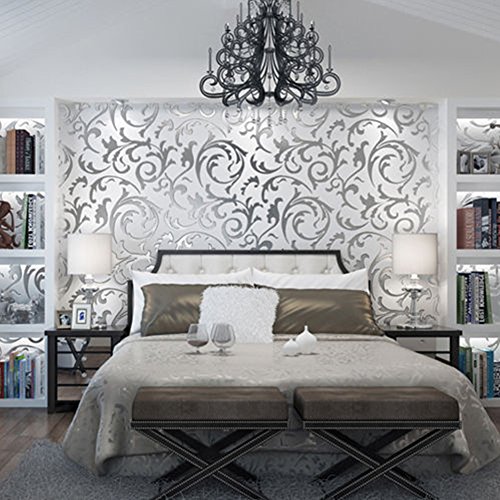 PVC-Tapete Relief Mustertapete 0,53m*10m Flock Tapete Europa Hintergrundbild Wallpaper Ornament Vliestapete Silbergrau für Schlafzimmer, Wohnzimmer, Hotel (Silber Grau) - 7