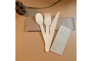 GUIDRE Ensemble de Couverts jetables respectueux de l'environnement,en Bois 100% biodégradable Couverts en Bois 150 pièces (50 Set) Coutellerie jetable idéale pour fêtes,Vaisselle jetable