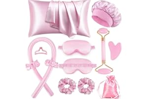 XINYUNXIN 12PCS Heatless Curls Overnight Set, Heatless Curling Set for All Hair Types, Satin No Heat Hair Rollers with Scrunchies & Clips - Safe & Comfortable to Sleep in for Natural Waves(Pink)
