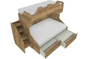 MOBILFINO CAMERETTE SMART120 - Letto a Castello con Letto Inferiore 1piazza e Mezza con scaletta Contenitore Indipendente - Quercia, con cassettoni Estraibili