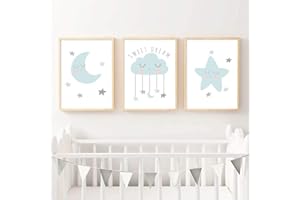 Nordic Ideas Laminas Cuadros Azul Luna Nube Estrella Citas Ilustraciones A3 Póster 30x40 Infantiles Bebe Niño Niña Habitación Decoración Impresión en Lienzo Regalo Sin Marco
