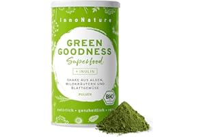 ‎INNONATURE Bio “Green Goodness” Superfood Shake mit 12 Superfoods (Weizengras + Gerstengras + Moringa + Chlorella + Spirulina + Kelp etc.) 300g Premium grünes Smoothie Pulver/Shake. Vegan + hergestellt in DE.