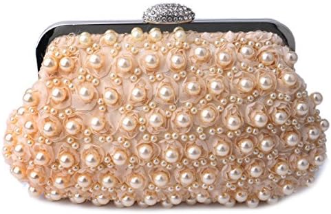 HAPPYTIMEBELT Lace Floral Pearl Wedding Clutch for Bride and Bridesmaids(Champagne)