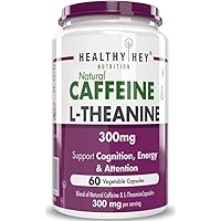 HealthyHey Nutrition Natural Caffeine 100mg Plus L-Theanine 200mg - Support Energy and Focus (60 Vegetable Capsules)