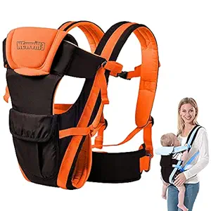 Soft Baby Carrier, Ergonomic 4-in-1 Convertible Sling Front and Back Face-in and Face-Out Carry for Newborns and Older Babies Travel with Safety Belt and Buckle Straps Carrier Bag (Orange-Black)
