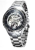 Winner Maenner schwarze Skeleton automatische mechanische Silber Edelstahl Band-Uhr