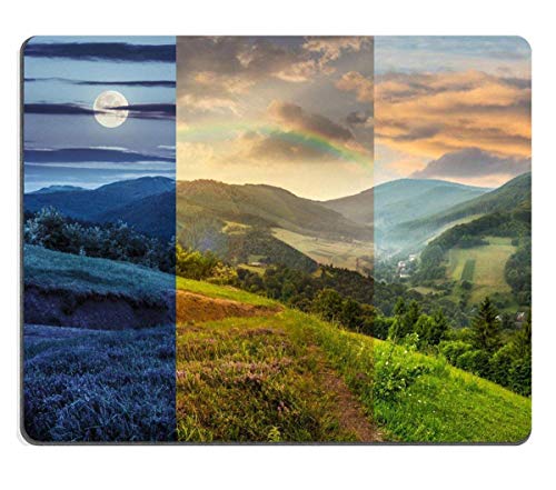 Preisvergleich Produktbild Mousepads Day and Night Composite Mountain Landscape Flowers on Hillside Meadow Near Village in Foggy Mountain Image ID 35112066 250mm*300mm