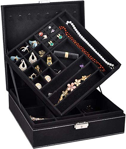 Like-very Boîte à Bijoux de Voyage pour Femme - 2 étages - Boîte à Bijoux avec Serrure - pour Boucles d'oreilles, Bracelets, bagues - Noir