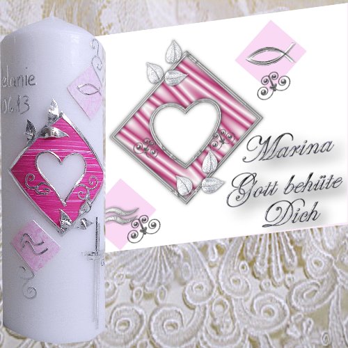 Taufkerze Kommunionkerze 200×70 Mädchen Junge Herz WASSER FISCH Mit Gott behüte Dich incl.Namen Datum alle Farben möglich ITP159 - 6