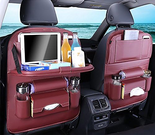 LIYUU Car Rear Seat Organizer With Dial Holder PU Leather Foldable Table Holder Pocket Storage Kick Pad Portable Waterproof Car Organizer/Seat Cover,Brown