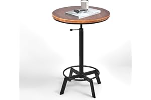 BOKKOLIK Vintage Bar Table 30-35.4inch Height Adjustable Industrial Bistro Table Retro Dinning Table for Kitchen Coffee House Pub Swivel Wooden Top