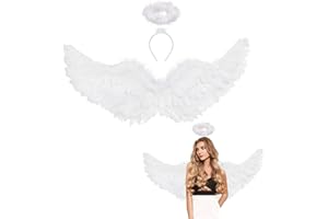 Winwild 75CM Engelsflügel Weiß mit Heiligenschein Erwachsene Engel Flügel Damen Engel Teufel Feen Kostüm Accessoires für Halloween Karneval Cosplay Party Fasching Verkleidung