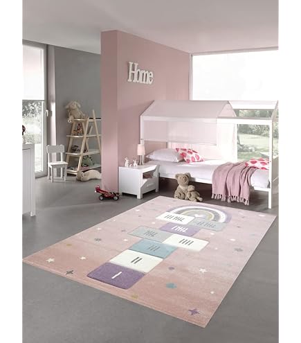 Tapis Chambre Enfant Arc-en-ciel - 120x170 Cm, Motifs Pois Cœurs Nuages, Résistant - 7
