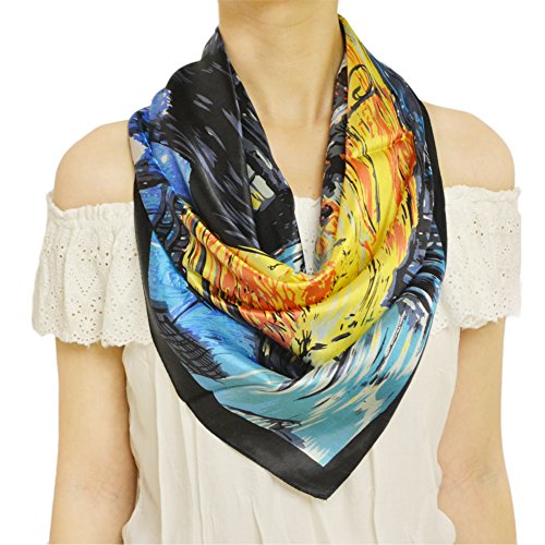 TONY & CANDICE Womem's Graphic Print 100% Silk, Silk Scarf Square , 33*33 Inches ("Cafe" Oil Painting Print)