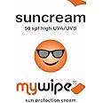 mywipe Travel Suncream Lotion Sachet Factor 50 SPF and UVA 8 Moisturising Sunscreen Suitable for All Skin Types – 1 Sachet 4g - Sachet size 60 x 80mm