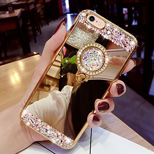 iPhone 6 Plus Hülle, iPhone 6S Plus Spiegel Hülle Mirror Case, Ukayfe [Handy Ständer Ring Holder] TPU Handyhülle iPhone 6/6S Plus Gold Plating Silikon Schutzhülle Luxus Glänzend Glitzer Kristall Strass Rahmen Weich TPU Handy Tasche Ultra Dünn Silikon Weich Crystal Handyhülle mit Make Up Spiegel Mirror Kratzfeste Handy Tasche Schale Etui Bumper für iPhone 6/6S Plus 5.5 Zoll- Gold