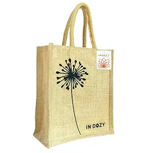 INDOZY Jute Bag for Lunch Tiffin & Gifting | for Men Women Girl boy Kid Office Daily use Handbag | with Zip & 2 Inside Pockets for Spoon/Fork/Tissue/Mobile & Water Bottle (Beige Dandelion)