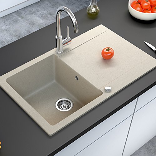 Spüle Granitspüle Küchenspüle Einbauspüle Auflage 780 x 495 mm eckig glatte Ablage Spülbecken + Drehexcenter + Siphon (Beige (111)) - 4