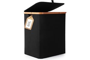Rieeyrslza Wäschekorb mit Deckel 60L Wäschekorb aus Bambus, Faltbar Oxford Tuch Wäschesortierer Aufbewahrungsbox für Kleidung, Decken und Spielzeug, Geeignet für Wohnzimmer und Schlafzimmer (Schwarz)
