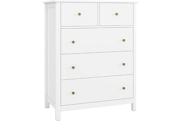 HOCSOK vit byrå med 5 lådor, byrå i trä med gott om förvaringsutrymme för kontor, vardagsrum eller sovrum 74 x 40 x 94 cm