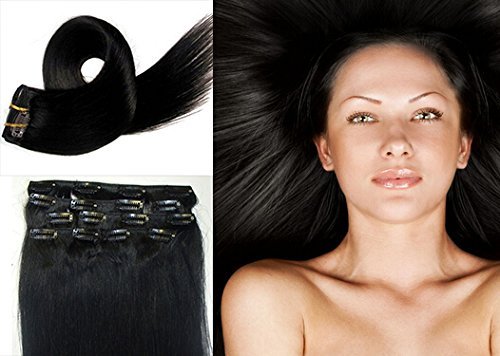 Clip In Extensions Echthaar XXL Set 60 cm Haarlänge – 8 Haarteile, Farbe schwarz … - 3