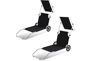 ‎IZRIELAR Izrielar Sonnenliege Liegestuhl, 2X Gartenliege Strandliege Klappbar mit Sonnenschutz 2 Rädern, Campingliege Faltbar Kippliege, Rollen Strandliege Verstellbare Rückenlehne, Schwarz