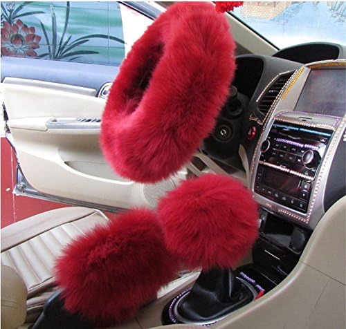 Zhongmin Faux Wool Auto Car Steering Wheel Cover Universal 14.96"x 14.96",1 Set 3 Pcs (Wine Red)