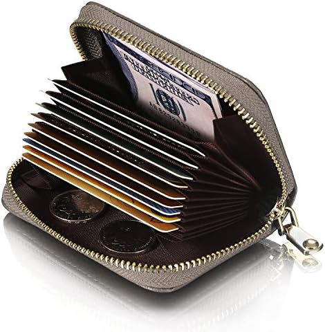 Credit Card Wallet, SANHOO Genuine Leather Zipper Card Holder Wallet Small Purse For Women-Grey