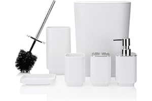 JOTOM 6 Stück Badezimmer Zubehör Set Luxus Kunststoff Badezimmer Zubehör Set Mülleimer Toilettenbürste Set Zahnbürstenhalter Tumbler Seifenschale Seifenspender Bad Set Geschenk (Weiß)