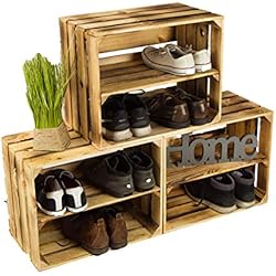 Lot de 3 caisses à chaussures en bois flammé, avec 3 étagères, pour 12 paires de chaussures, dimensions : 50 x 40 x 30 cm (une caisse), étagère solide