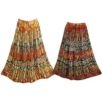 Mogul Interior 2pcs Women's Maxi Skirt Tie Dye A-Line Boho Chic Long Skirts S/M Yellow, Orange