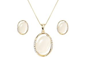Emibele White Opal Earring and Necklace Set for Women, 12K Gold Plated Stud Earrings Gemstone Pendant Necklace, Sparkling Fine October Birthstone Jewelry Set, White