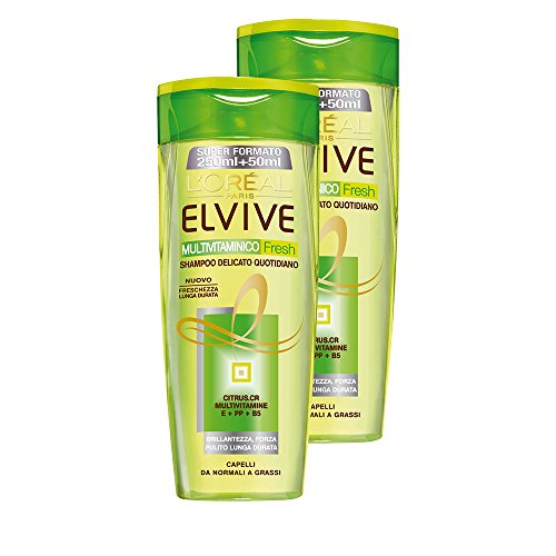 L'Oréal Paris Elvive Multivitaminico Fresh Shampoo Delicato per Capelli da Normali a Grassi, 2 x 300 ml