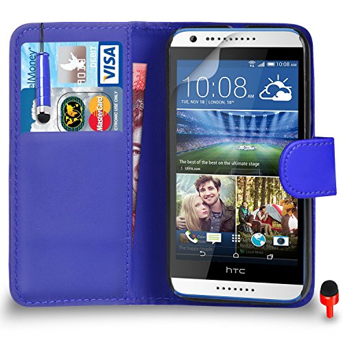 HTC Desire 620 Premium Leather Blue Wallet Flip Case Cover Pouch + Mini Touch Stylus Pen + RED 2 IN 1 Dust Stopper + Screen Protector & Polishing Cloth SVL1 BY SHUKAN®, (WALLET BLUE)