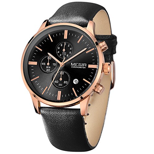 Megir Herren-Armbanduhr, schwarzes Lederband, Rotgold, Quarz Megir Herren-Armbanduhr, schwarzes Lederband, Rotgold, Quarz
